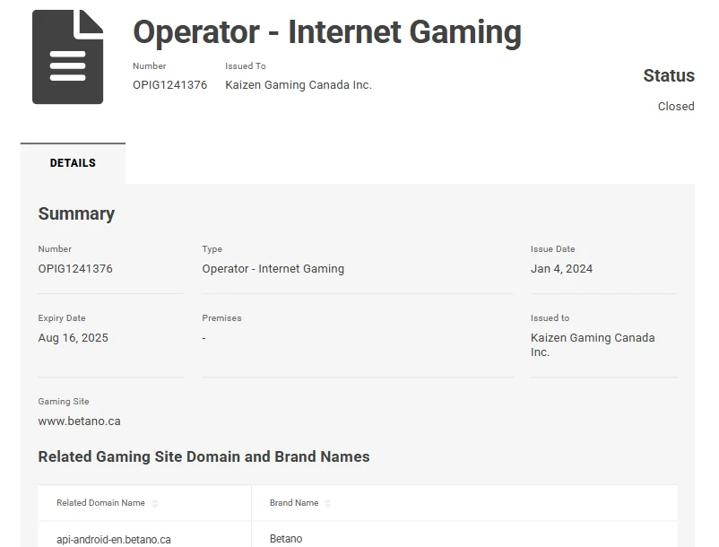Betano Casino license